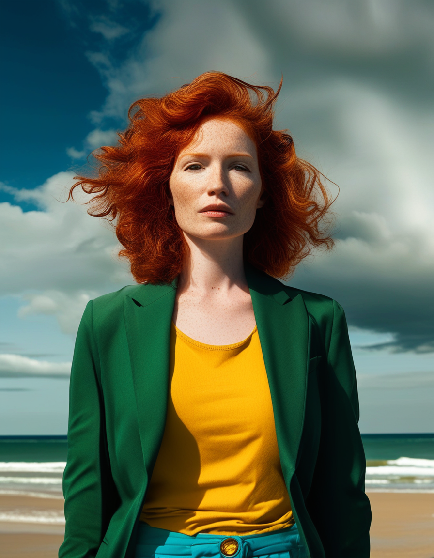 portrait photograph, woman with red hair, wearing green blazer over yellow tshirt and blue trousers, on sunny beach with dark clouds on horizon