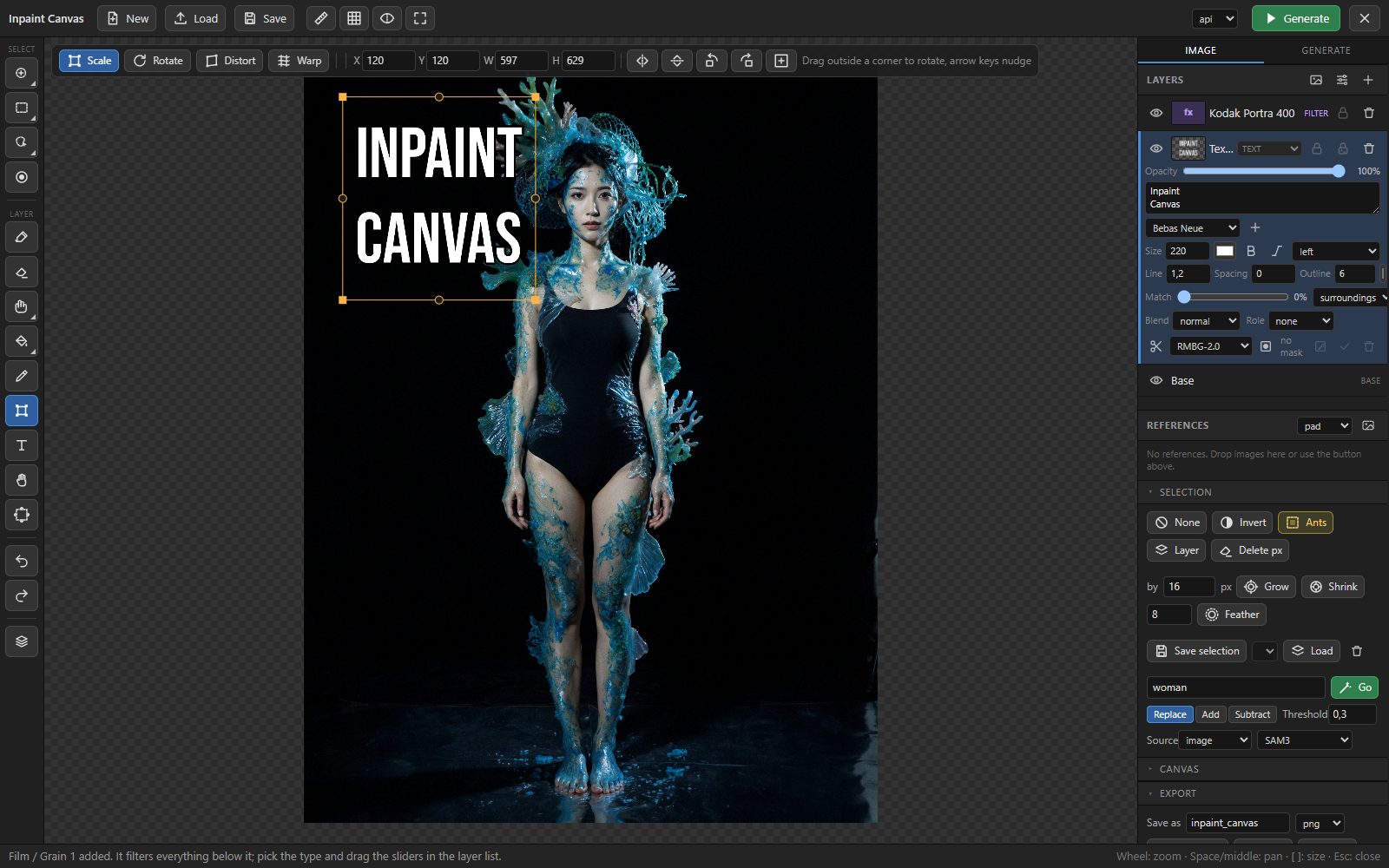 The layer panel with thumbnails, a text layer, a filter layer and the transform bar