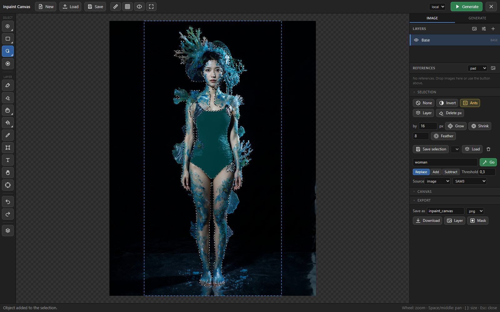 Object selection: the person is selected, the swimsuit is highlighted under the cursor
