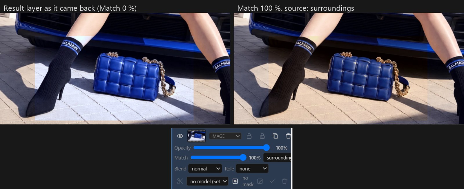 Colour match: the same result layer at Match 0 % with a visible cold rectangle, and at 100 % blended into the ground; below, the layer row with the Match slider