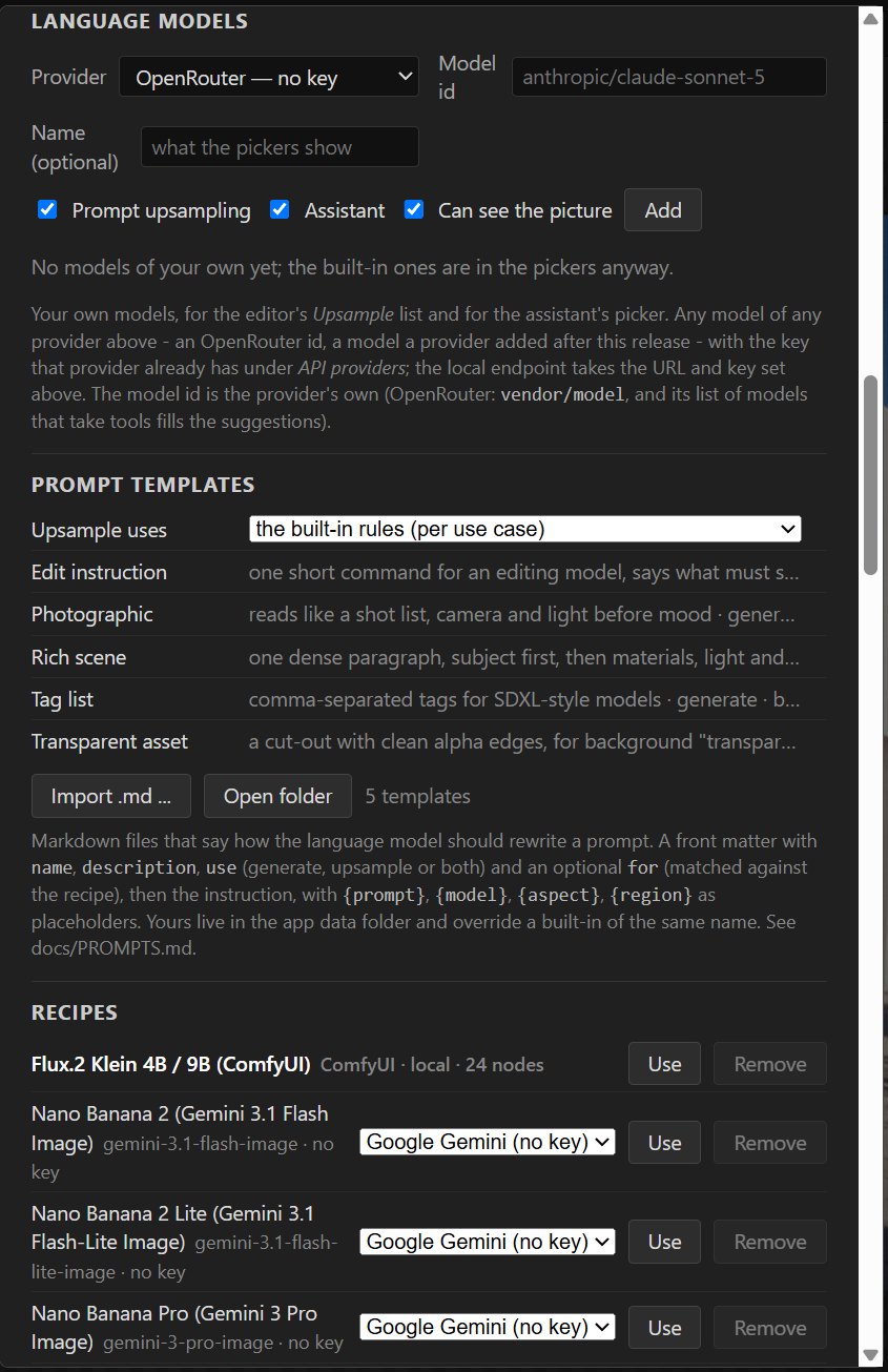 Settings: the Language models section with provider, model id, name and the three checkboxes, then the prompt templates and the recipes