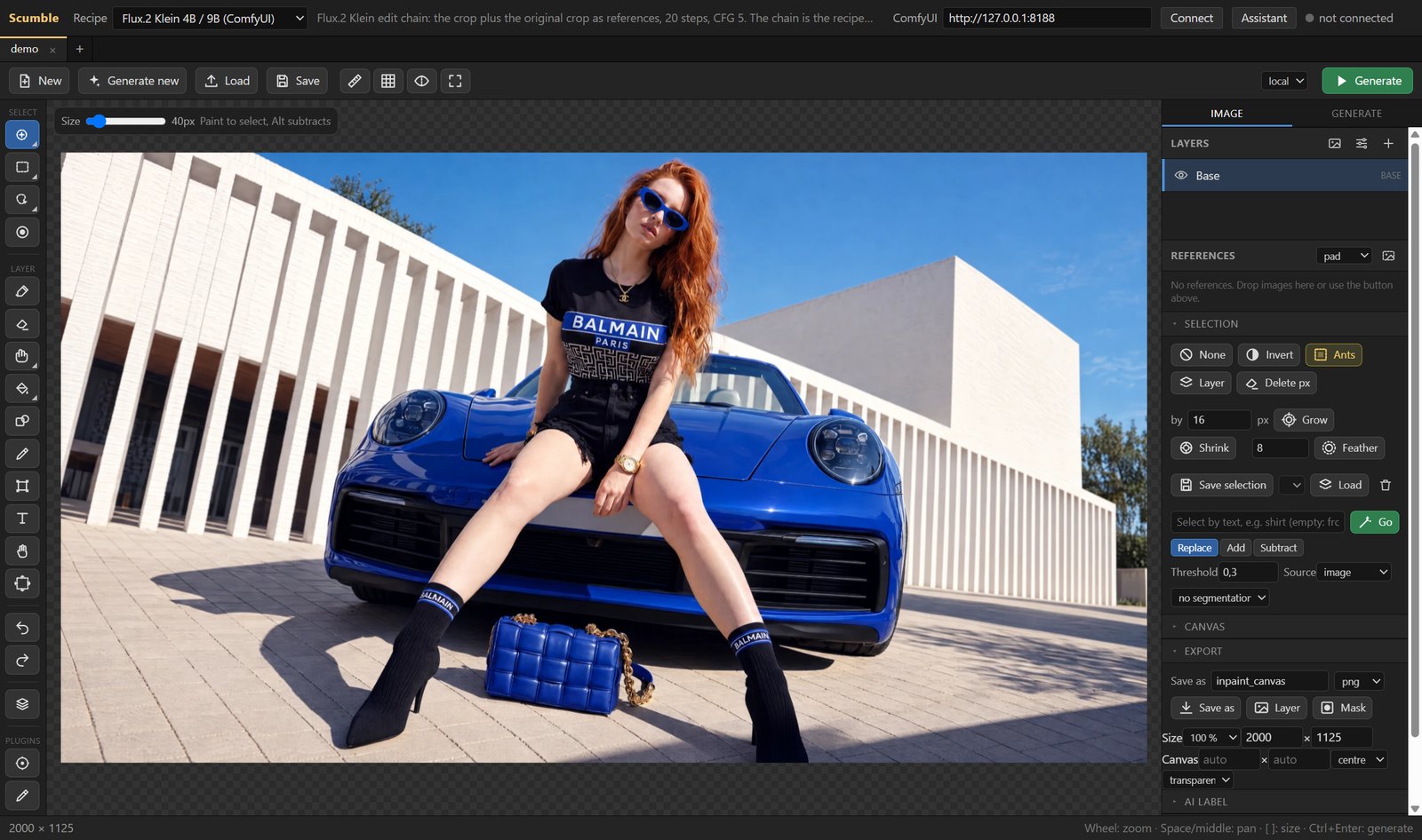 The editor with a picture open: the tool column, the canvas, the layer stack and the selection panel