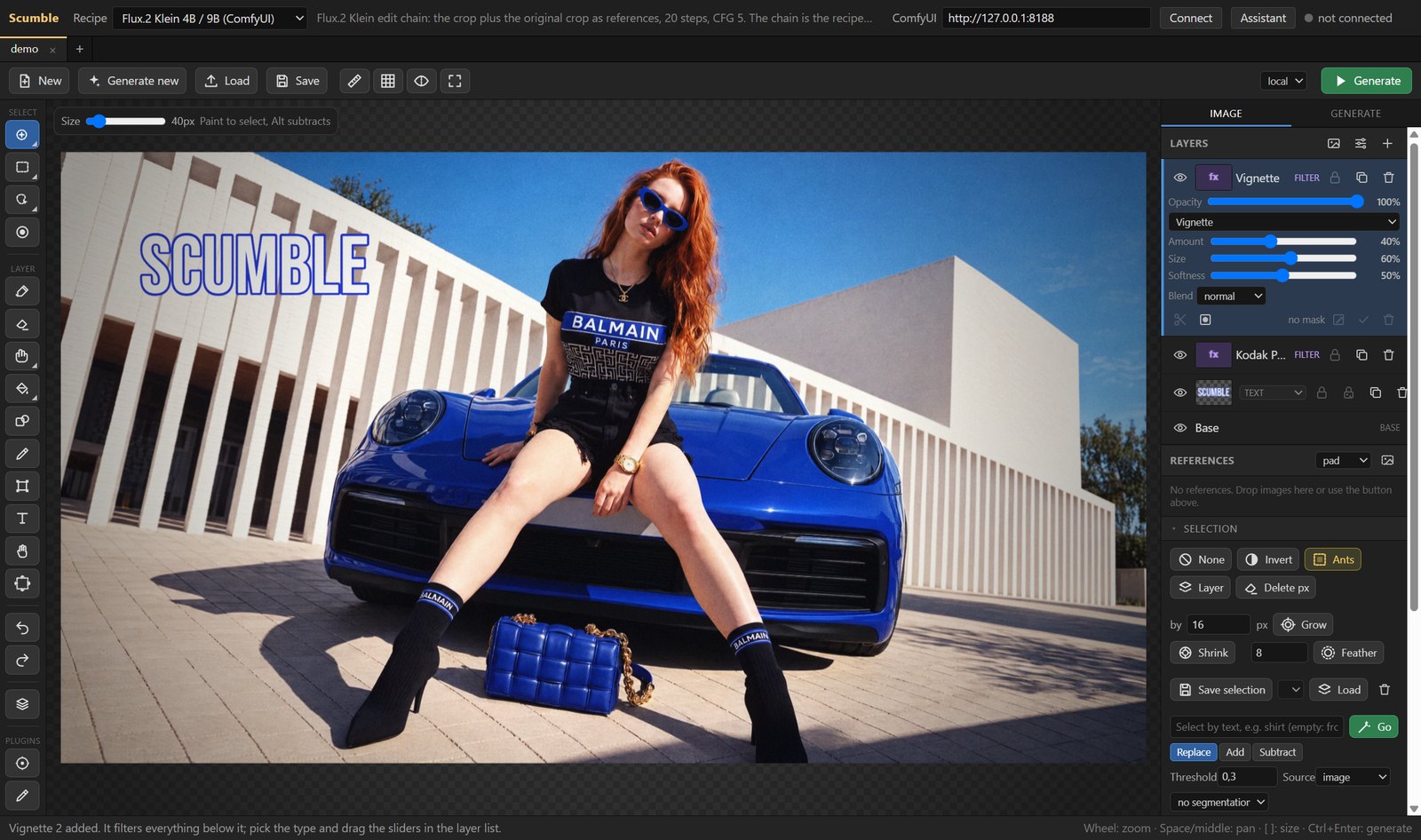 The layer stack: a vignette and a Kodak Portra 400 film look as filter layers, a text layer and the base