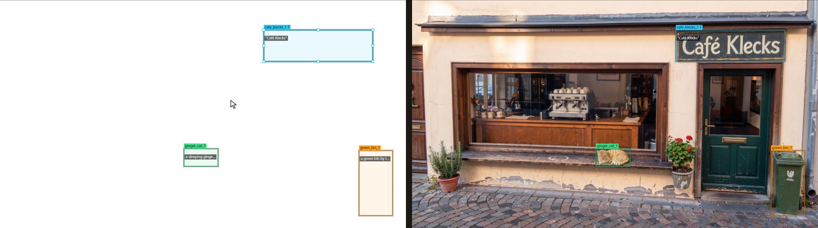Left: three boxes with their descriptions on an empty canvas. Right: the café picture FLUX 3 Image made from them.