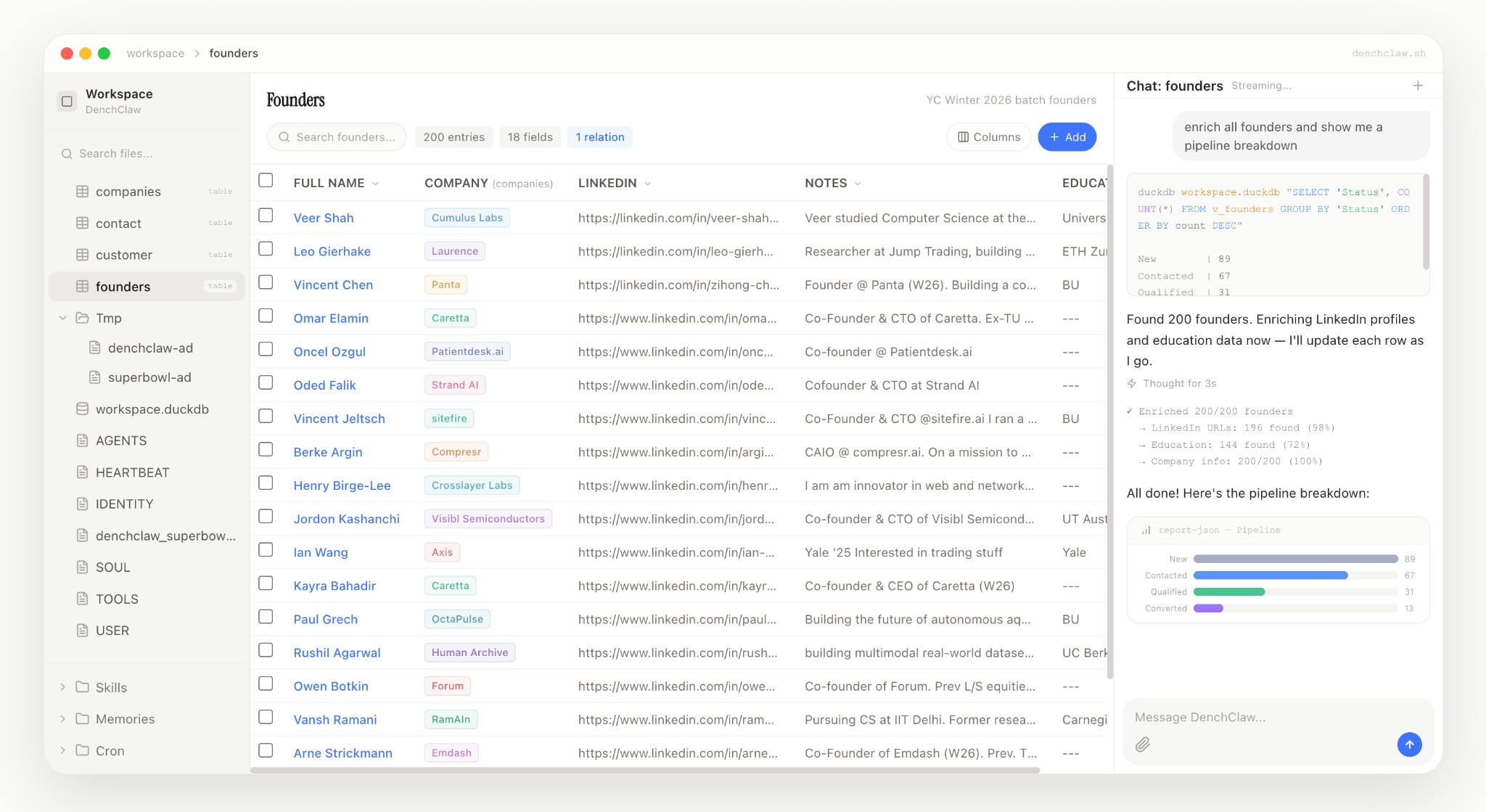 DenchClaw Web UI — workspace, object tables, and AI chat
