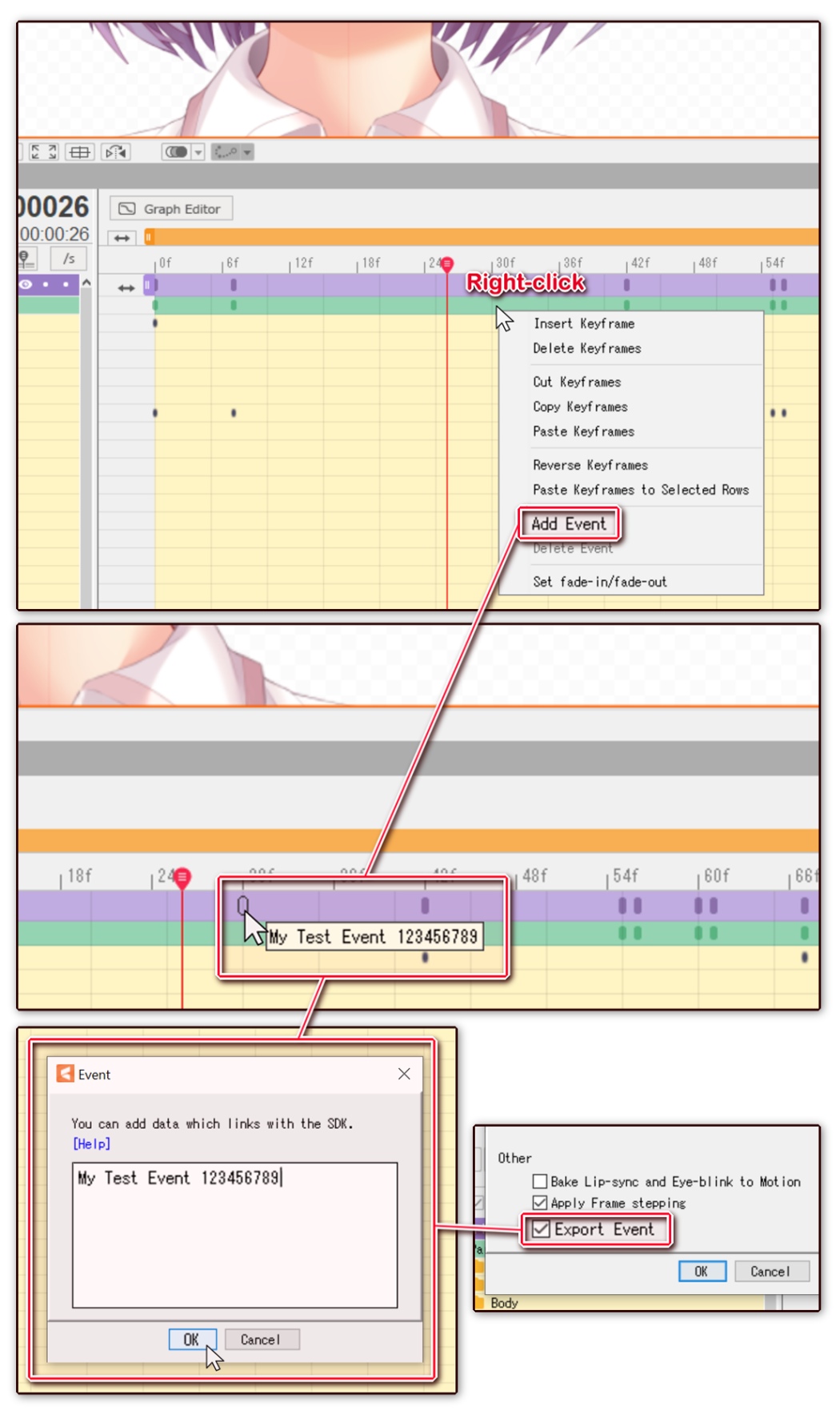 Setting up custom animation events in the Live2D Cubism Animator