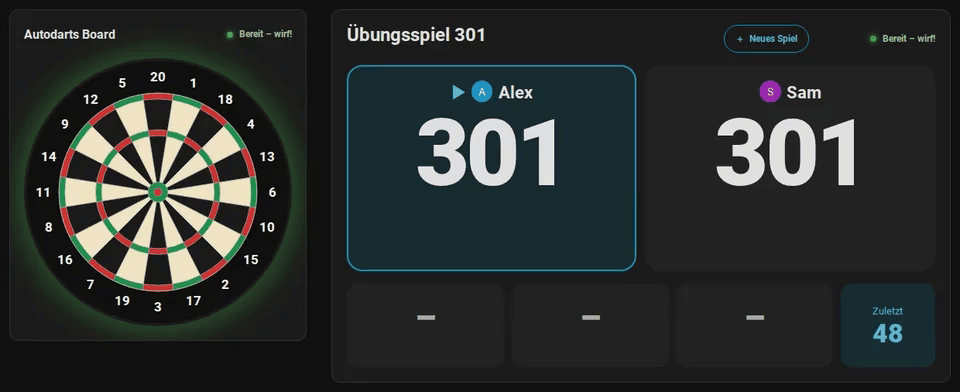 Ein 301-Match auf der Live-Karte und der Anzeigetafel von HomeDarts for Autodarts
