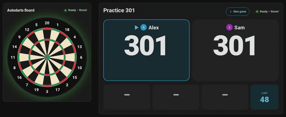 A 301 match on the live card and the scoreboard of HomeDarts for Autodarts