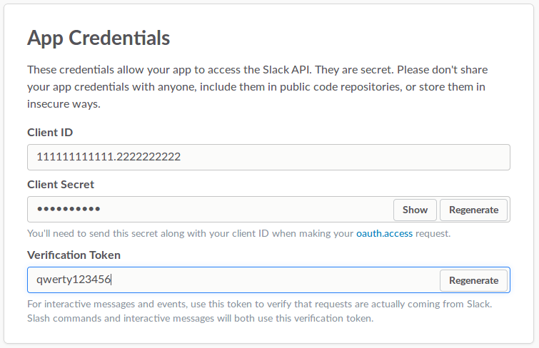 Slack app credentials
