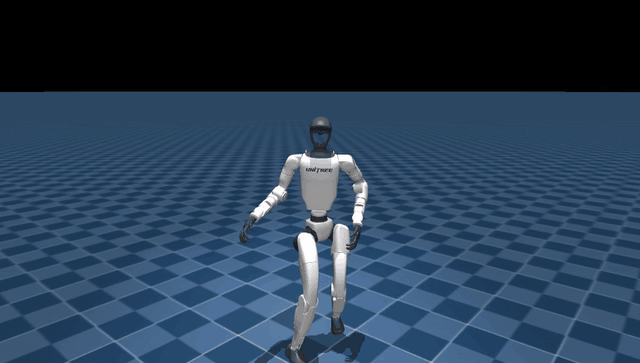 Unitree G1 humanoid walking toward the camera at 1.0 m/s and turning