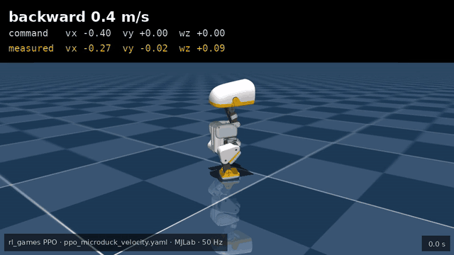 MicroDuck walking backward under a 0.4 m/s command