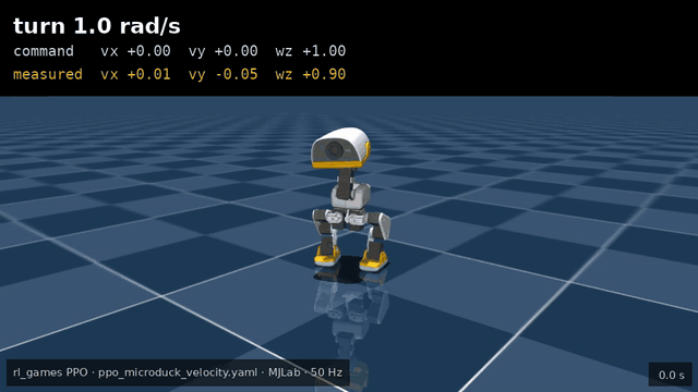 MicroDuck turning in place at 1.0 rad/s