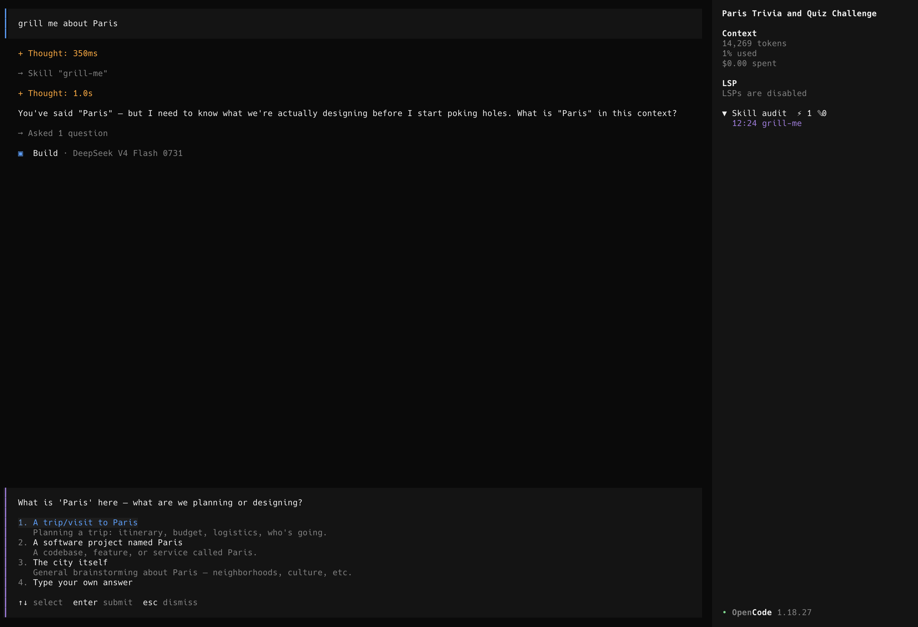 The opencode sidebar rendering a live skill-audit timeline beside a conversation