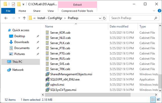 ConfigMgr Pre-requisite files copied, showing a subset of the files.