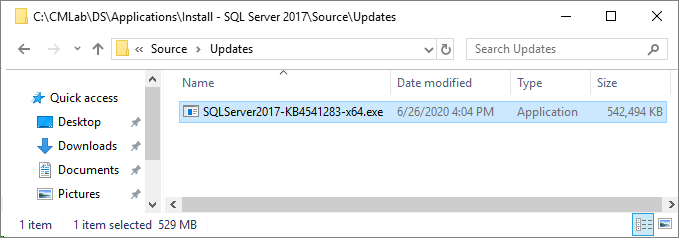 The SQL Server 2017 CU copied to Updates folder.