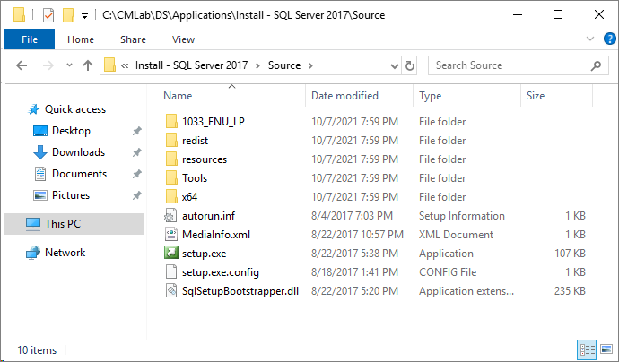 SQL Server 2017 Standard x64 setup files copied.