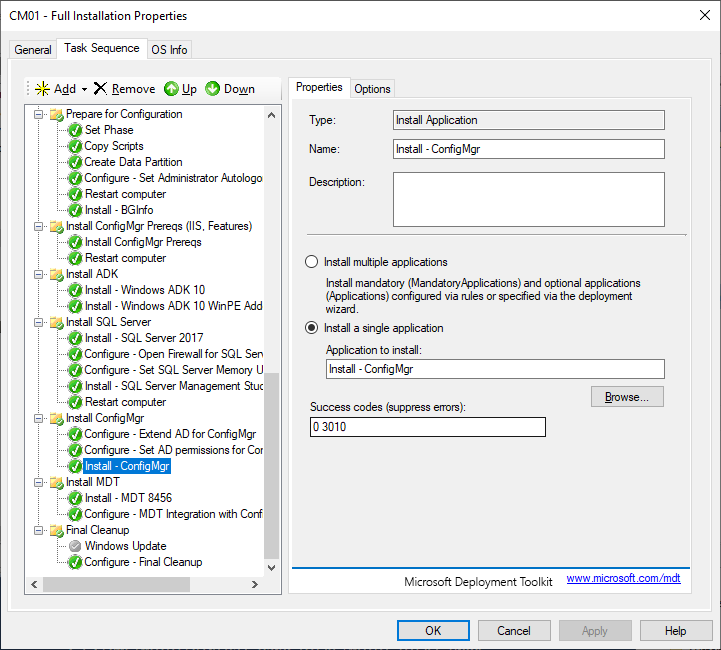 The CM01 task sequence, building a complete ConfigMgr site server with SQL Server.