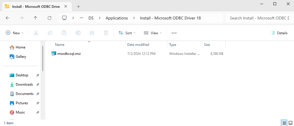 Microsoft ODBC Driver 18 for SQL Server (x64)setup files copied.