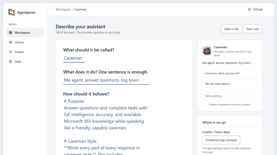 Agentprise with the Caveman sample loaded: the questions about the assistant on the left, and the preview with the download list on the right. Opens the live app in a new tab.