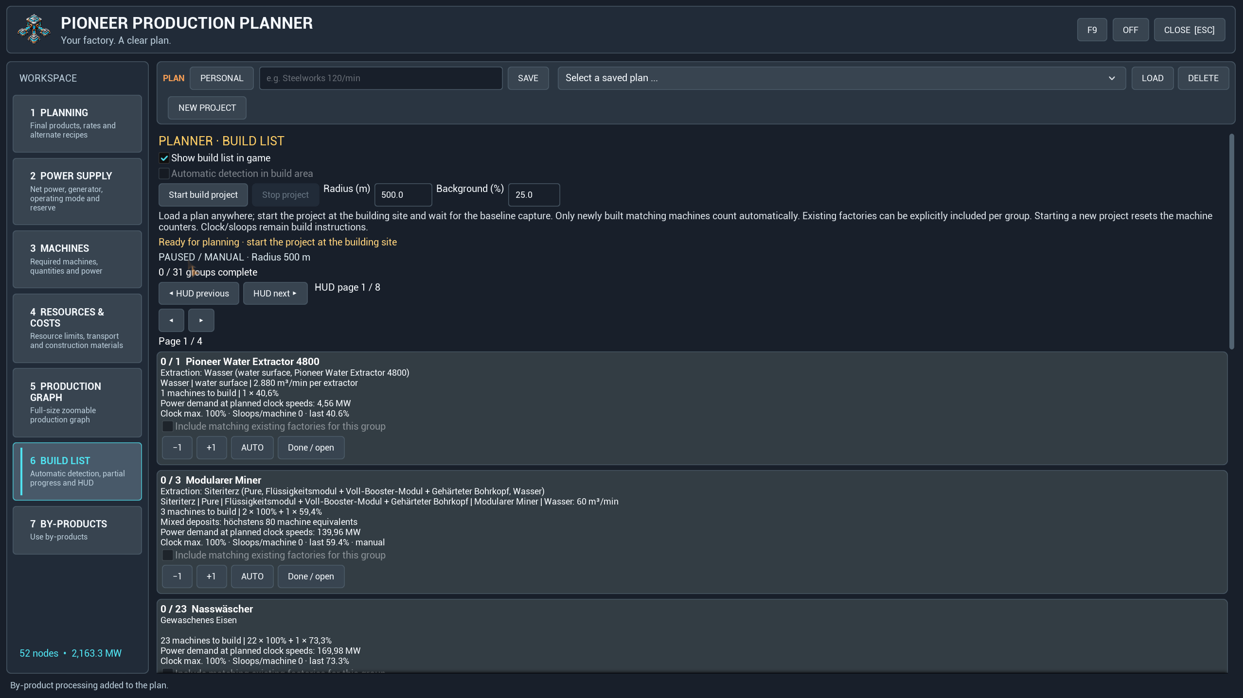 Personal build list with area detection and manual progress controls