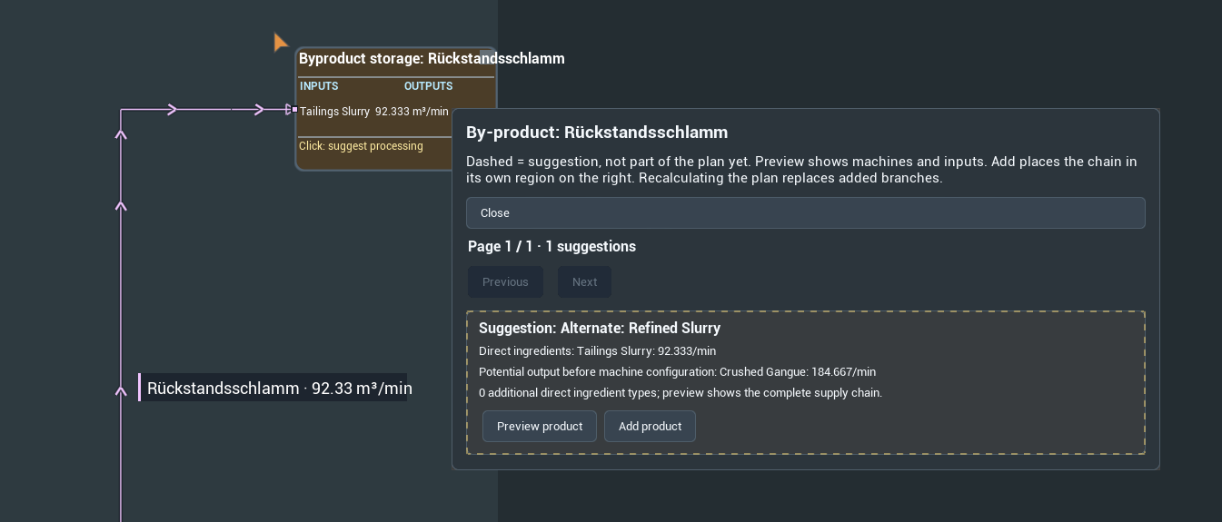 Clickable processing suggestion beside a by-product