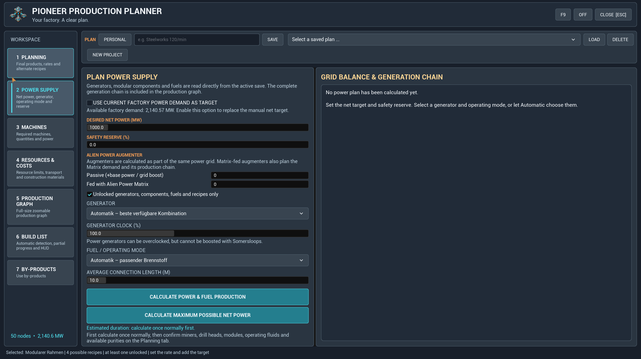 Power planning with generator, fuel and net output settings