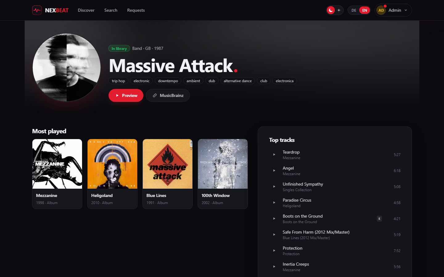 An artist page with discography, most listened albums and similar artists
