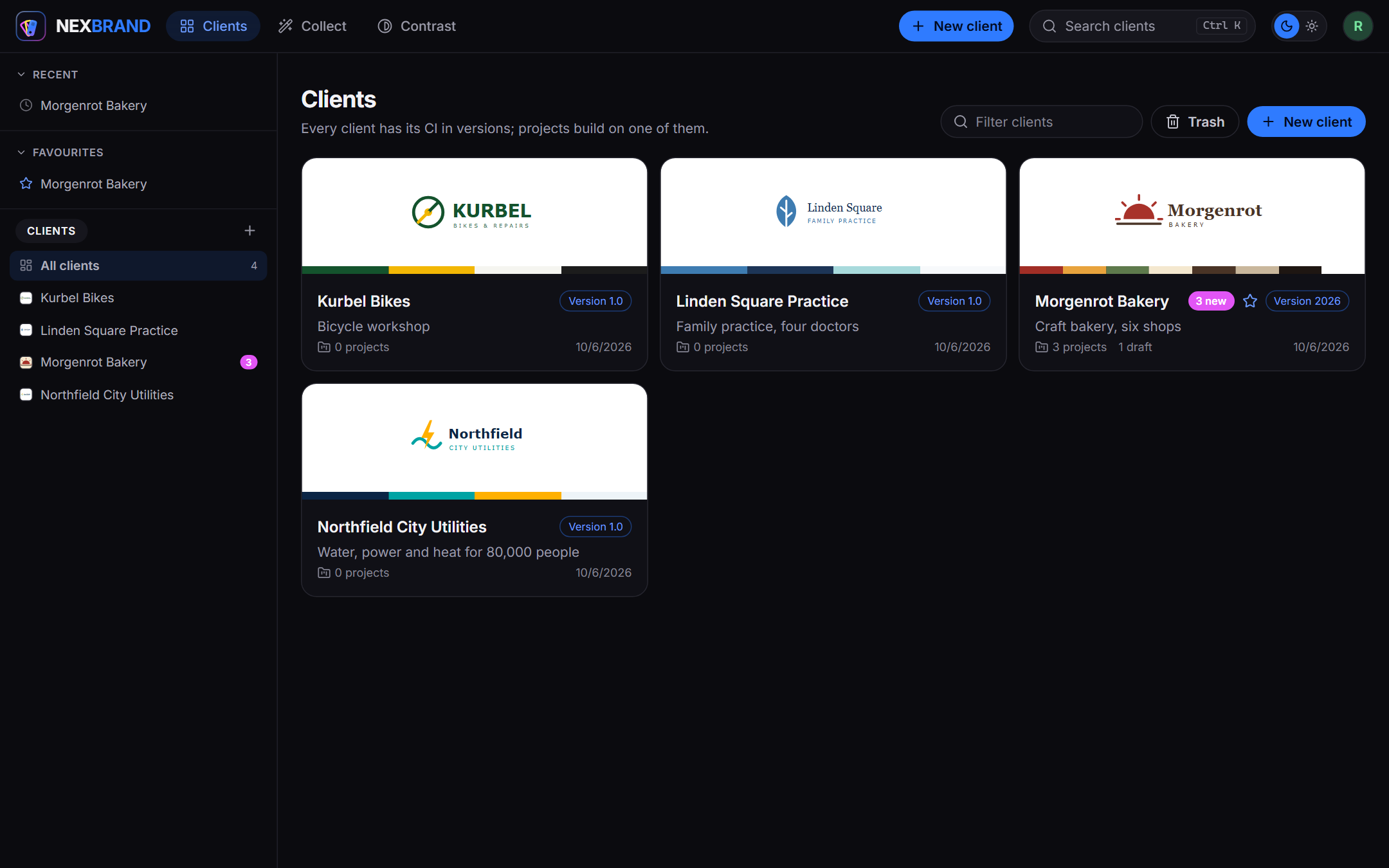 All clients with their logos, colours, versions and projects