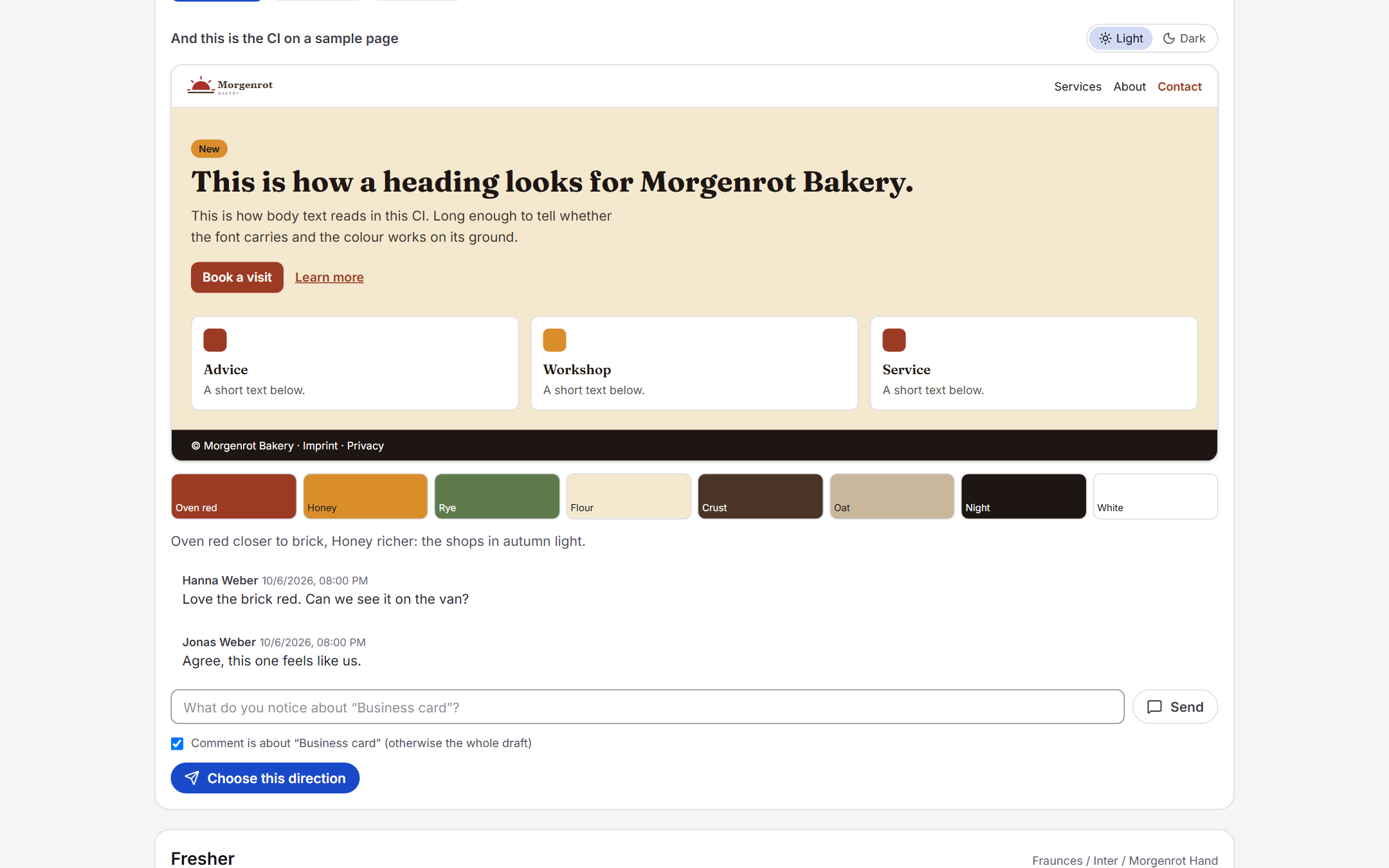 The client's side of a review: a sample page in the direction, the palette and comments