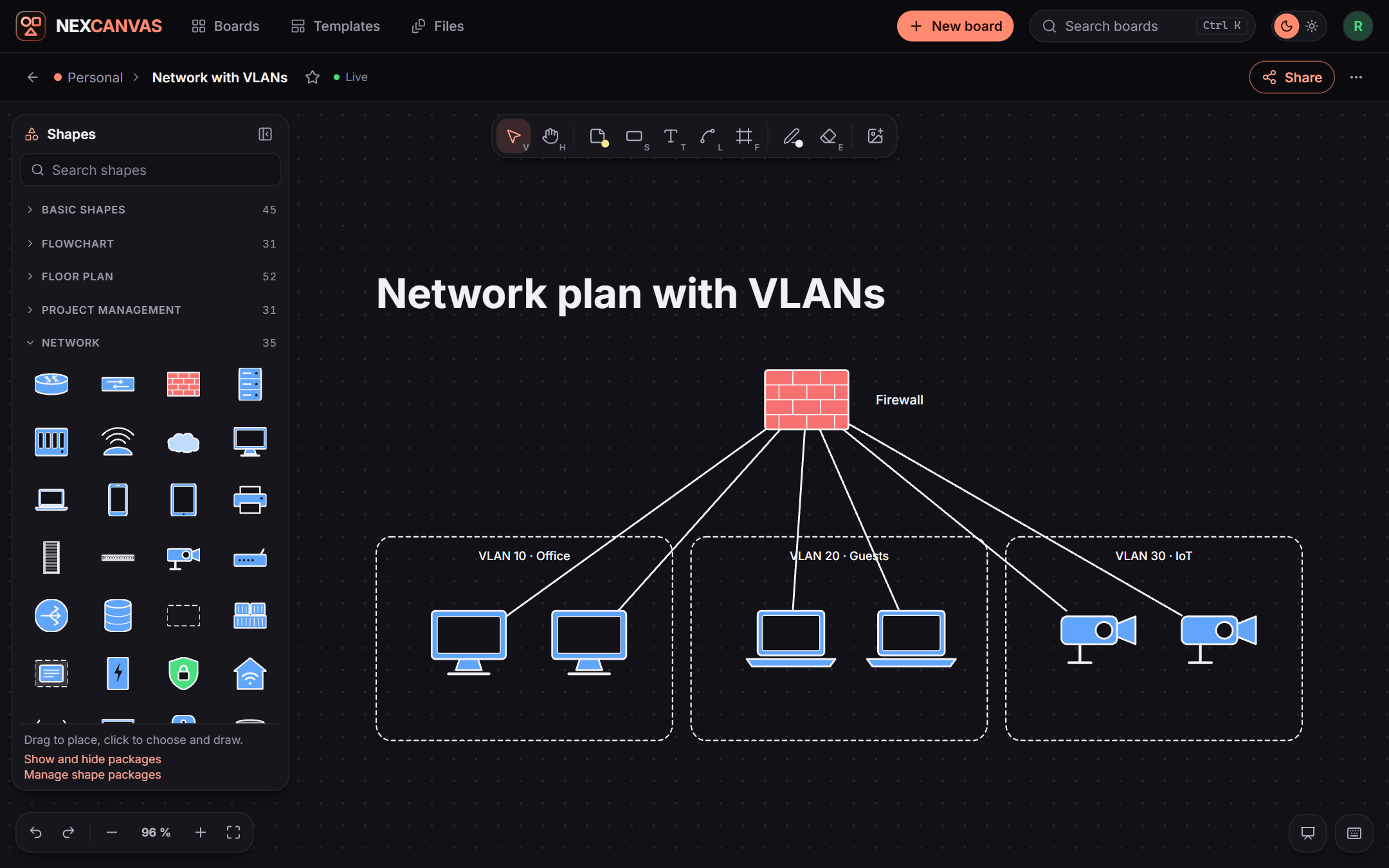 A network plan with VLANs, the shape library open on the left