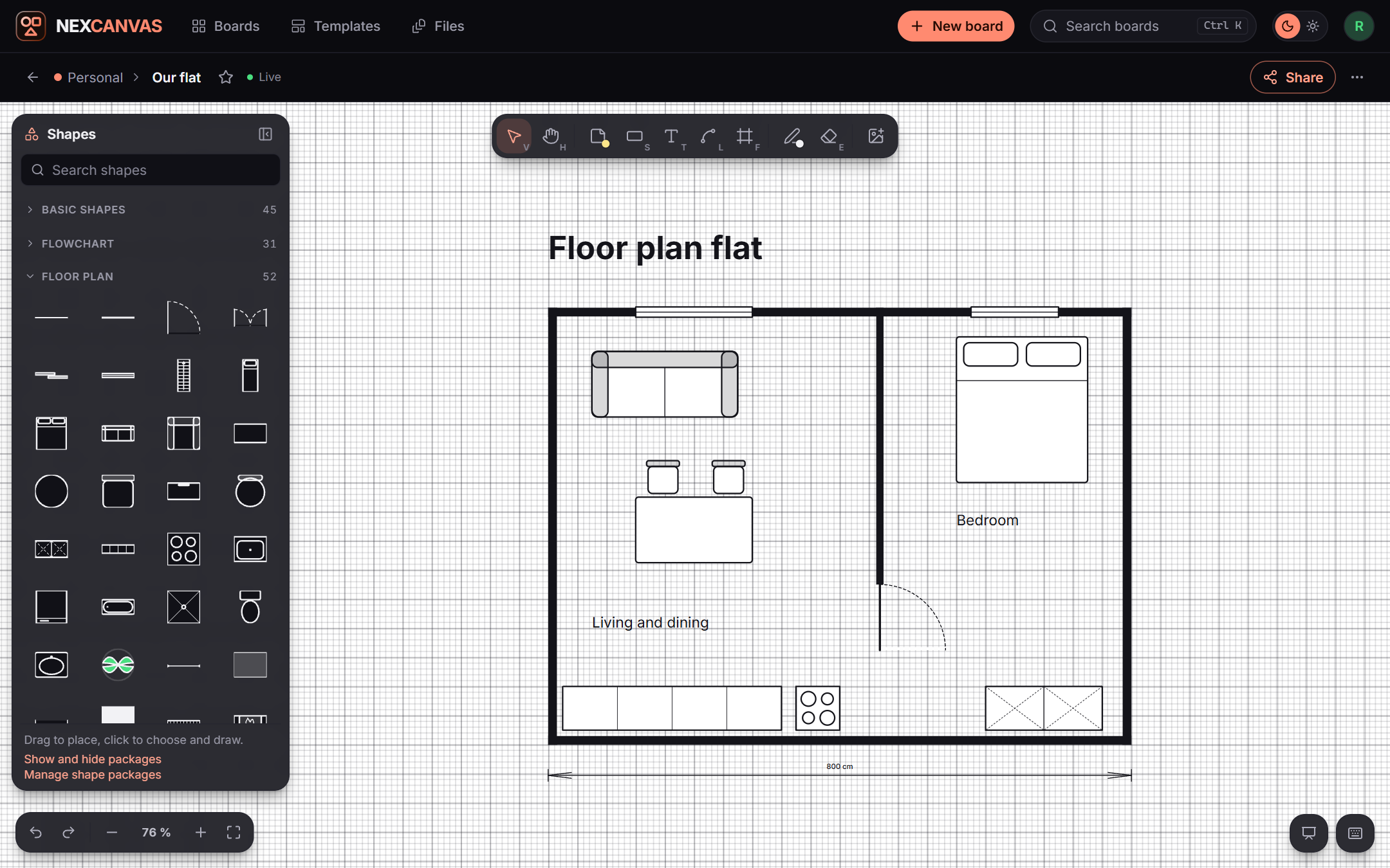 A floor plan of a flat with furniture to scale, on a grid