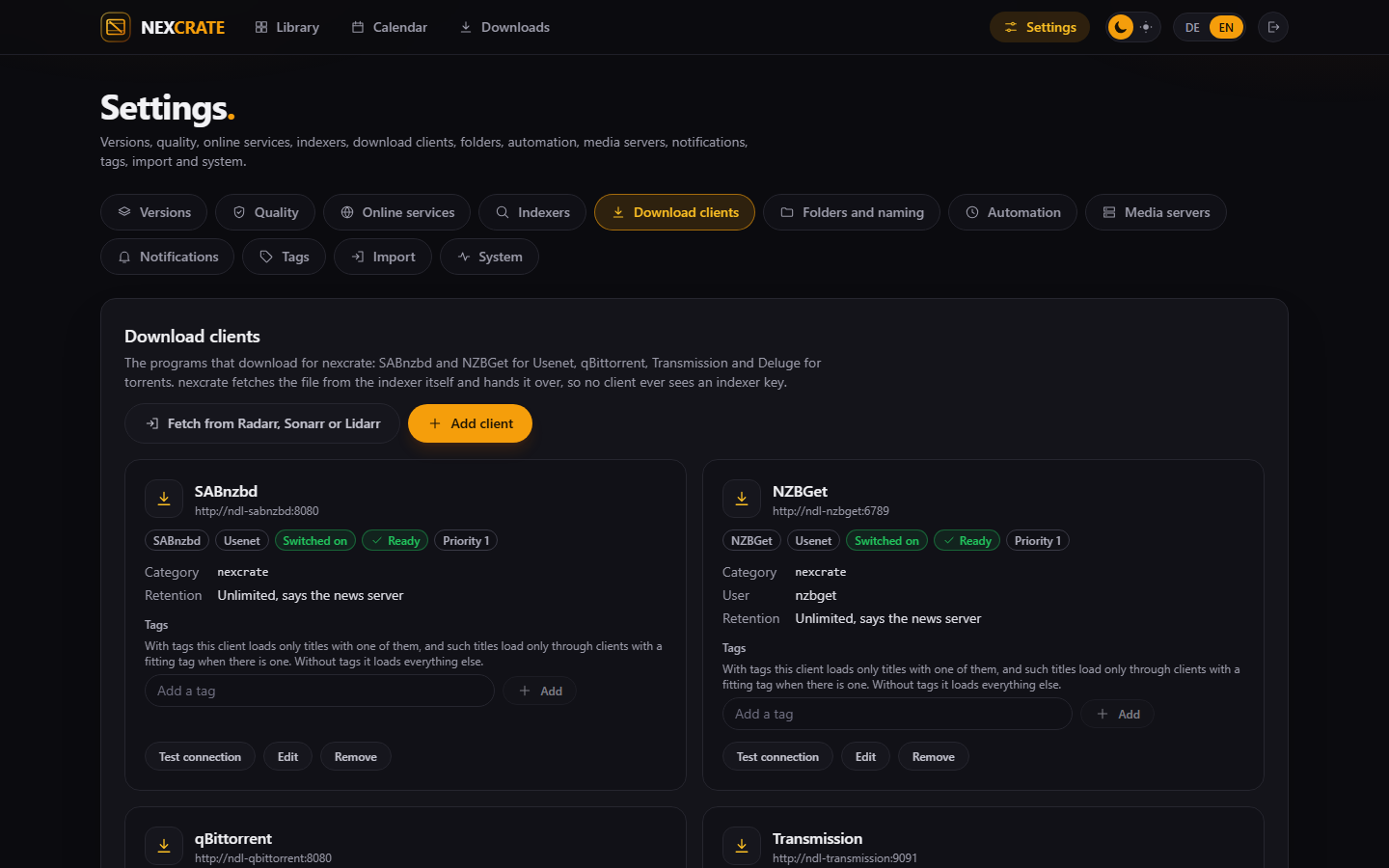Download clients with the retention read from the news servers