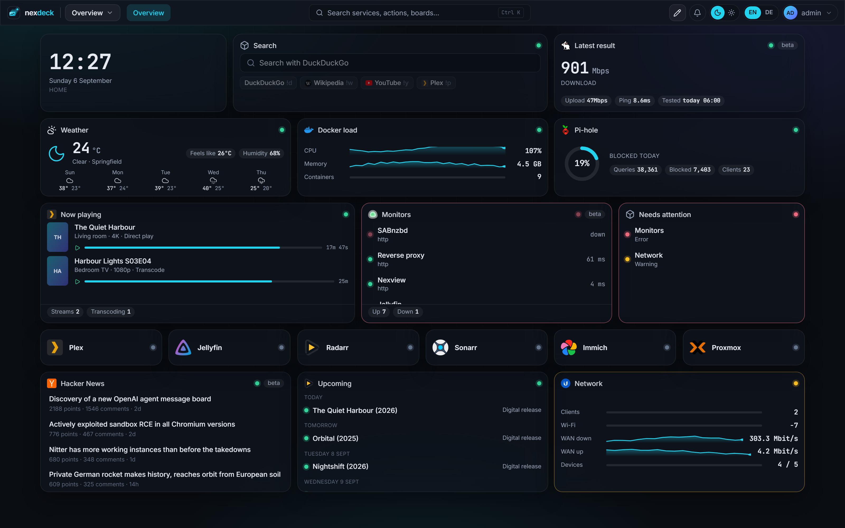 A nexdeck board: clock, search, weather, Docker load, Pi-hole, what is playing on Plex, monitors, app tiles and feeds
