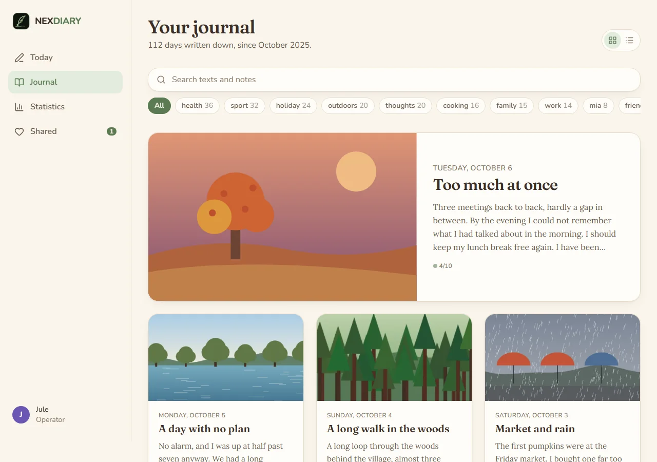 The journal as a blog: large cards with the newest day on top