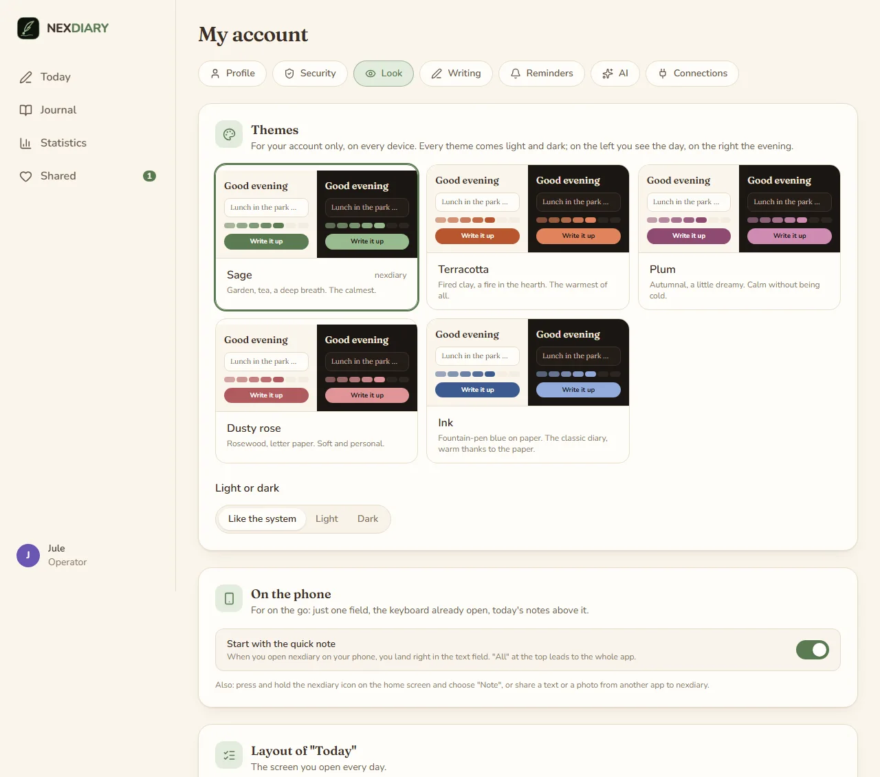 My account, Look: five colours, each in light and dark