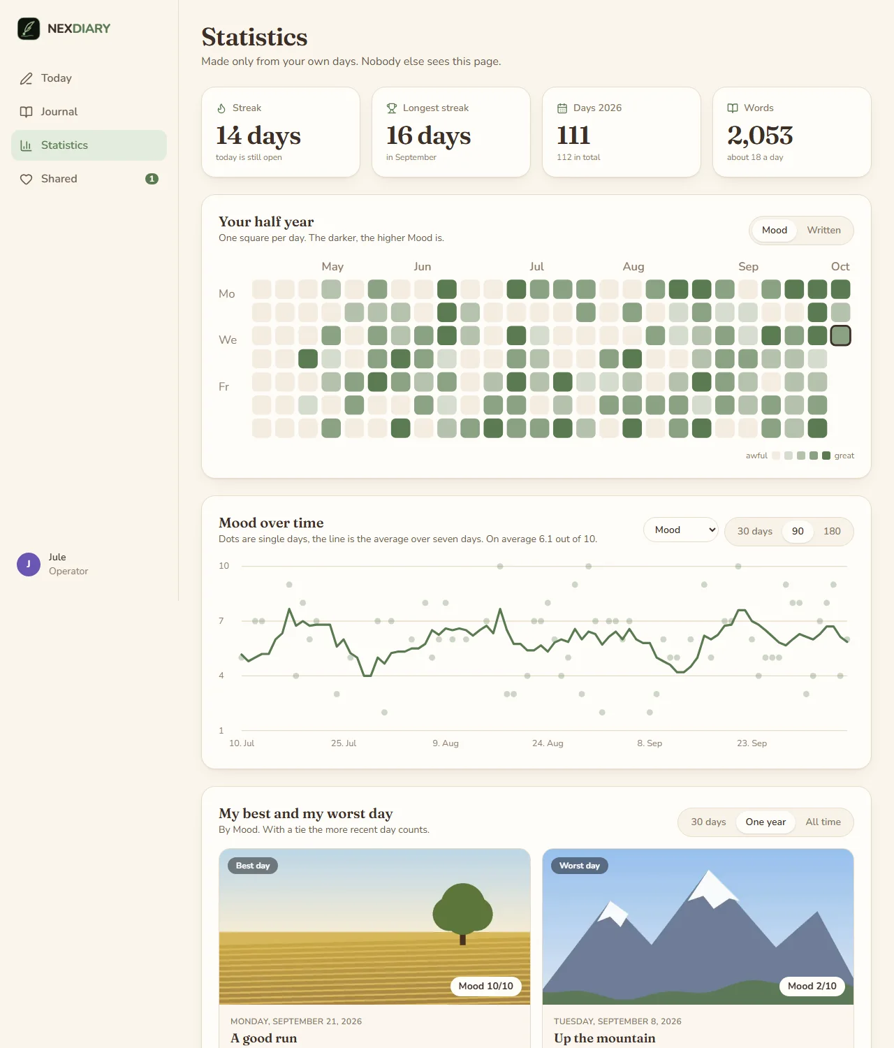 Statistics: streaks, a calendar of half a year, values over time and the best and worst day