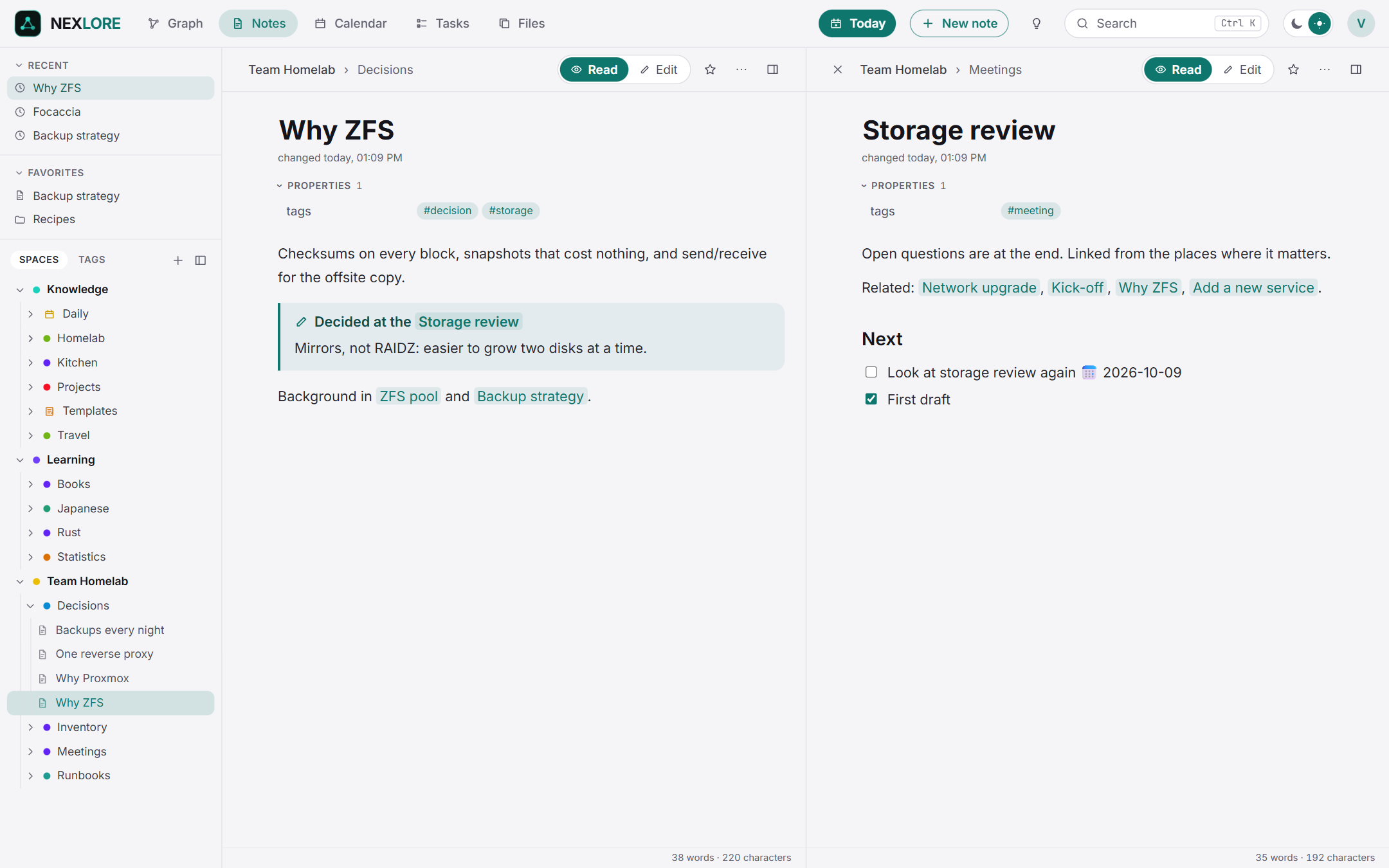 Two notes side by side, in the light theme