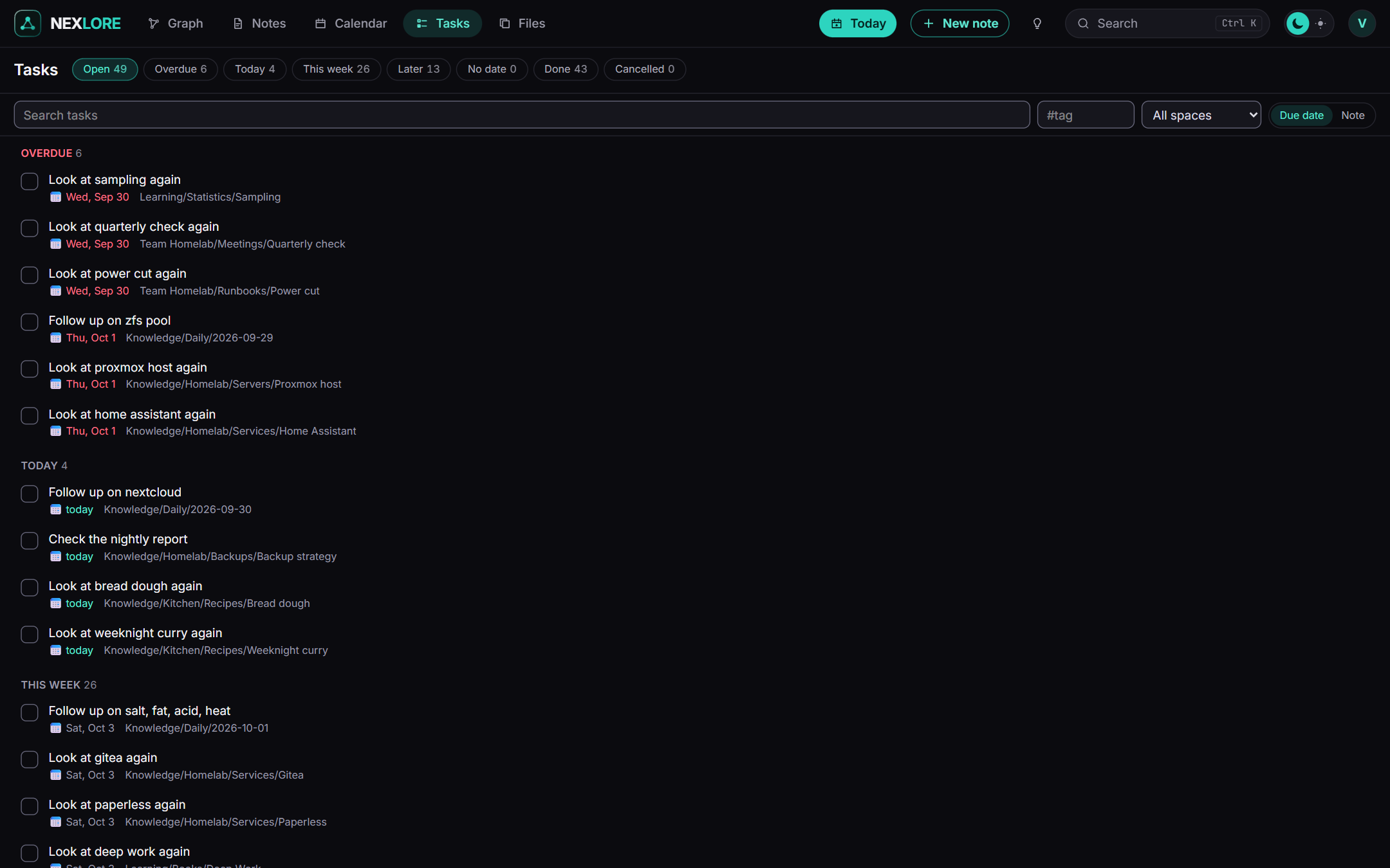 All open tasks, grouped by when they are due