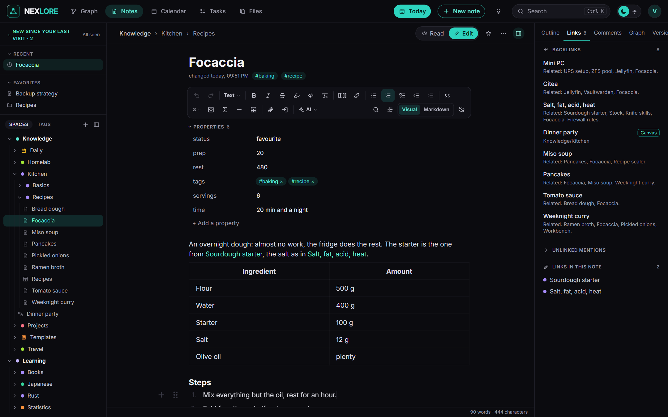 The editor with its toolbar, properties, a table and a numbered list