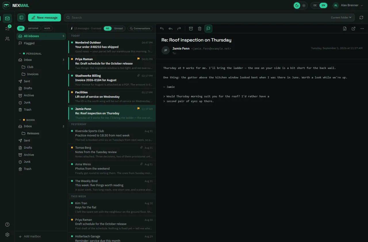 nexmail: folder column, message list and reading pane