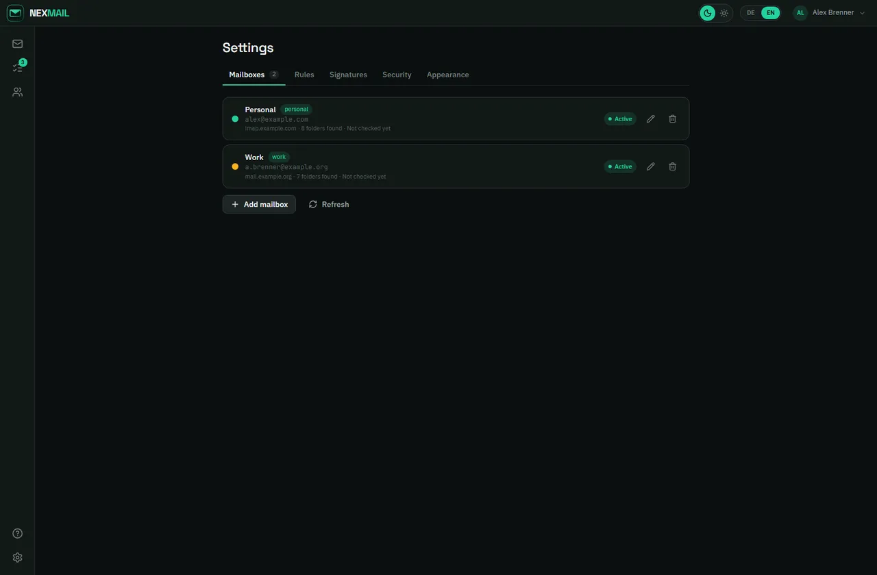 The mailbox list under Settings
