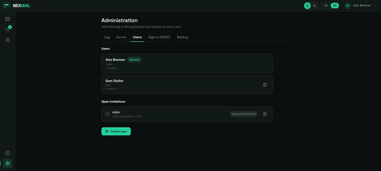 Administration with users and open invitations