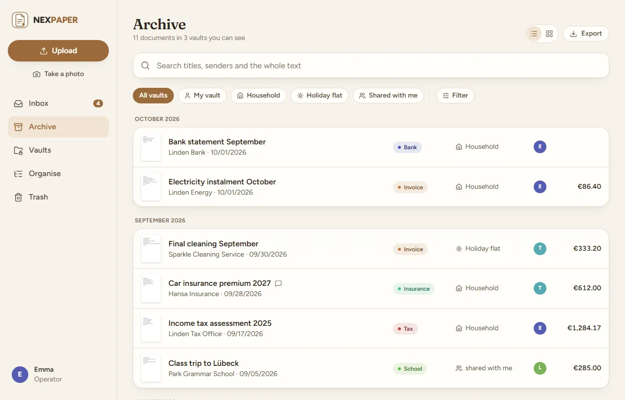 The archive: documents by month, with sender, kind and amount