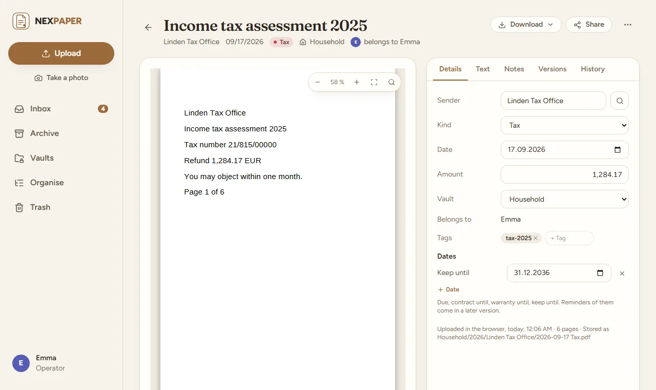 A document with its fields, notes and history