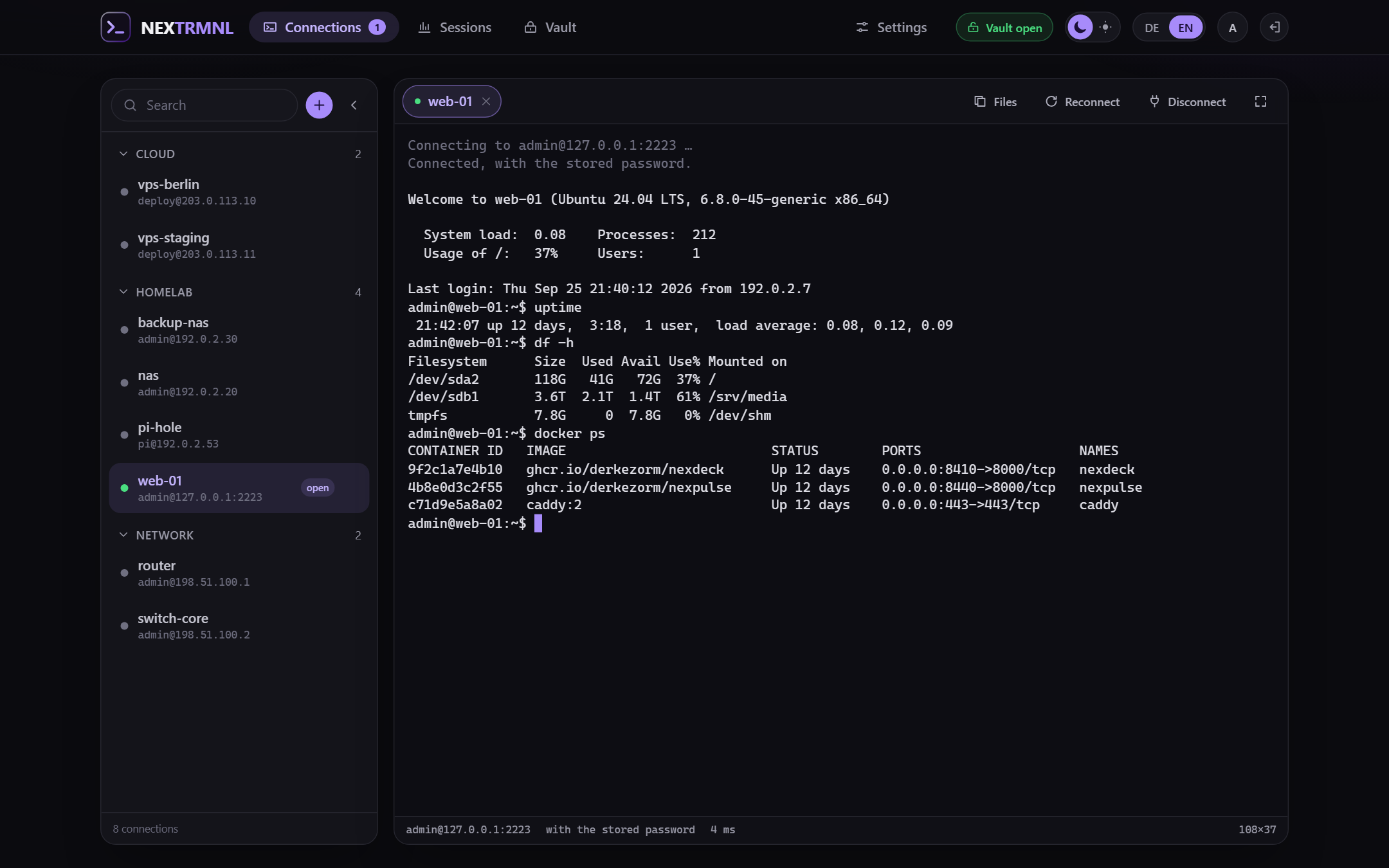 Terminal with the connection list pinned to the left