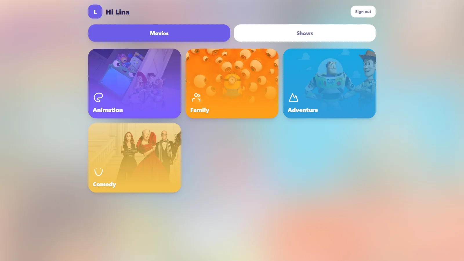 The children's view: large colourful category tiles for animation, family, adventure and comedy