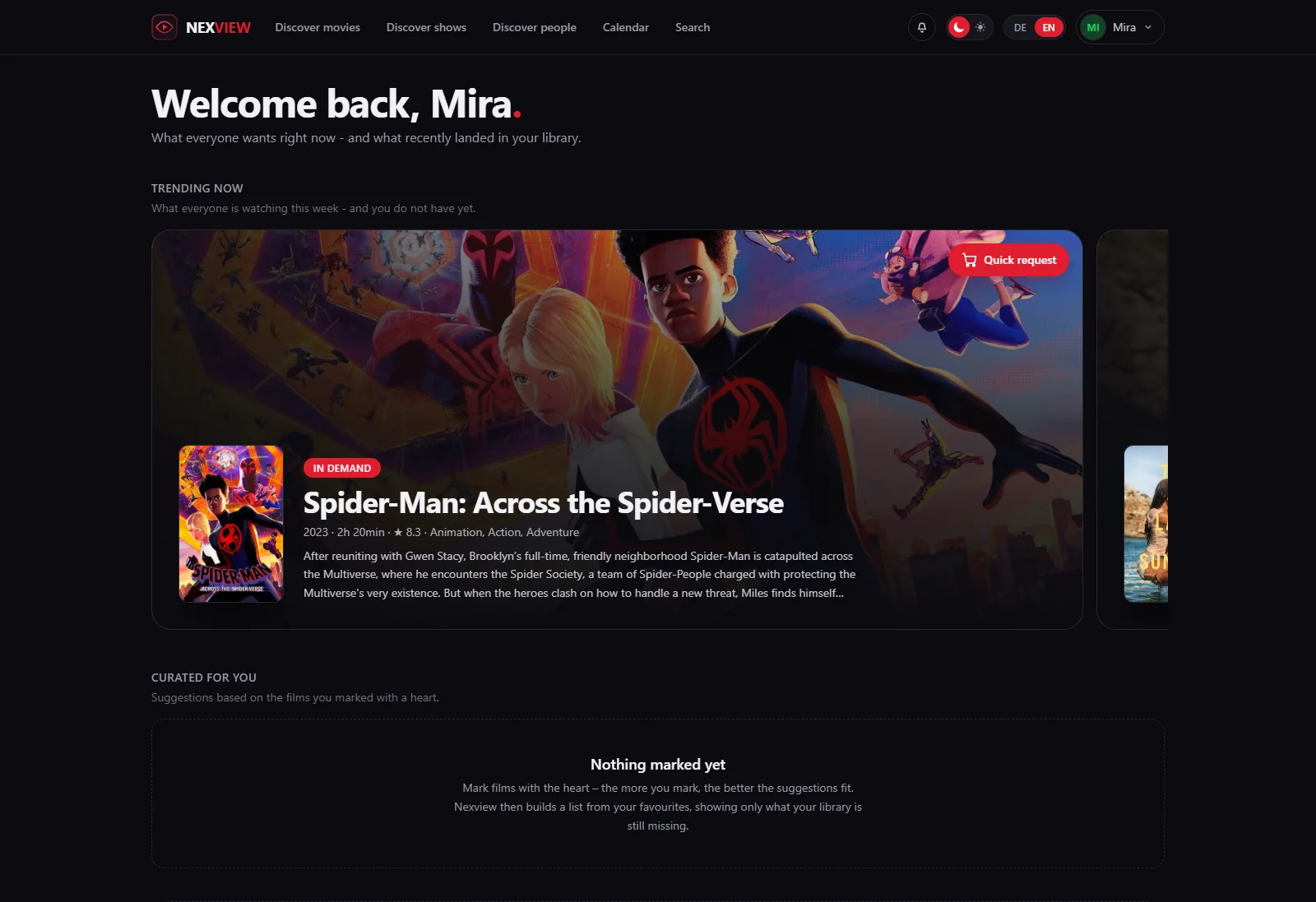 The Nexview home page: rows of film posters under headings such as trending and curated for you