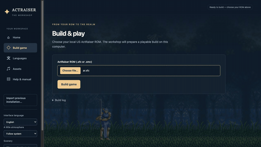 Three stages of a local build: ROM selected, compilation in progress, and the completed game ready to play