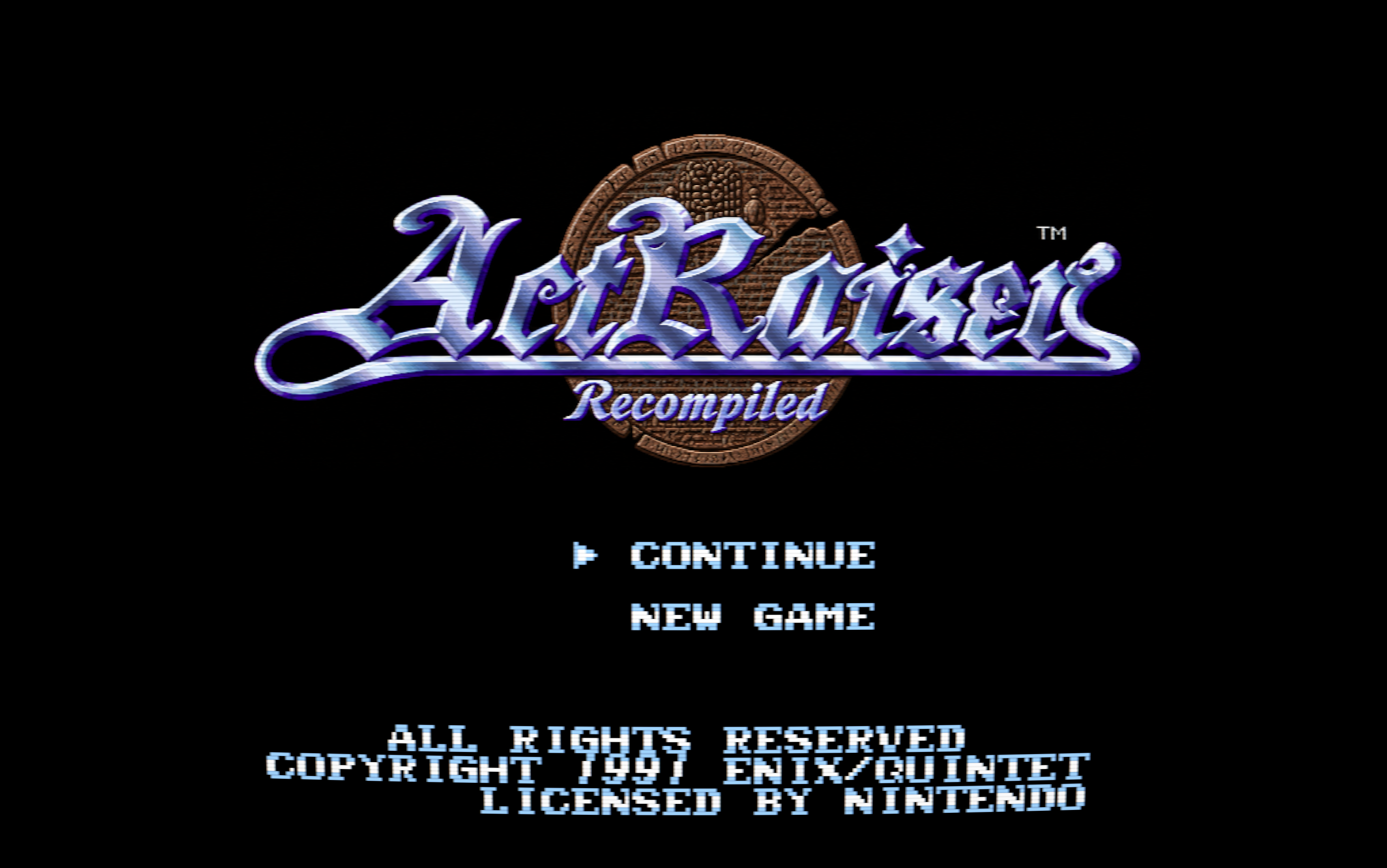 ActRaiser Recompiled title screen with the optional high-resolution logo