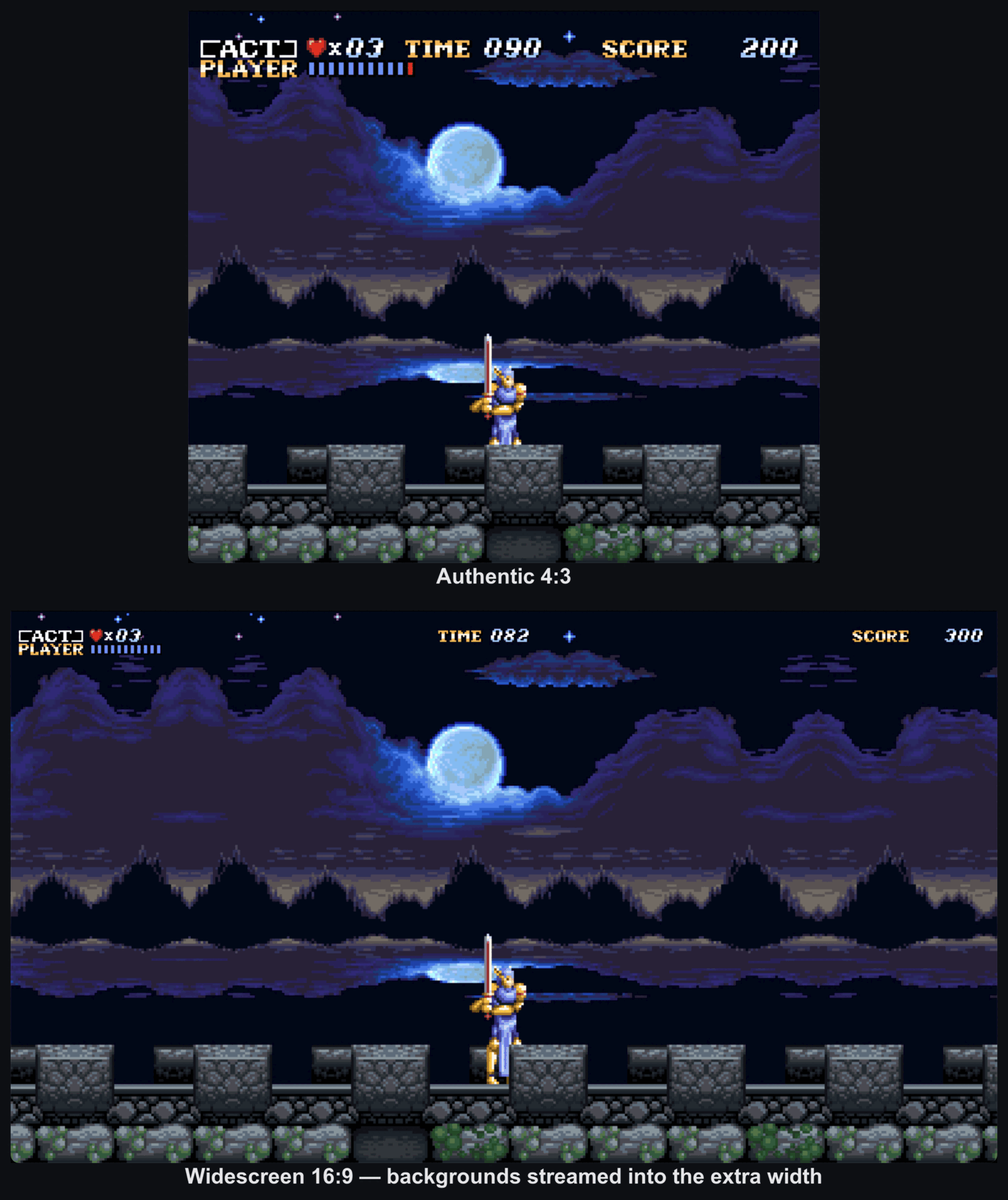 Bloodpool Act 2 in authentic 4:3 above the same scene in 16:9, with the background extending symmetrically into the extra width